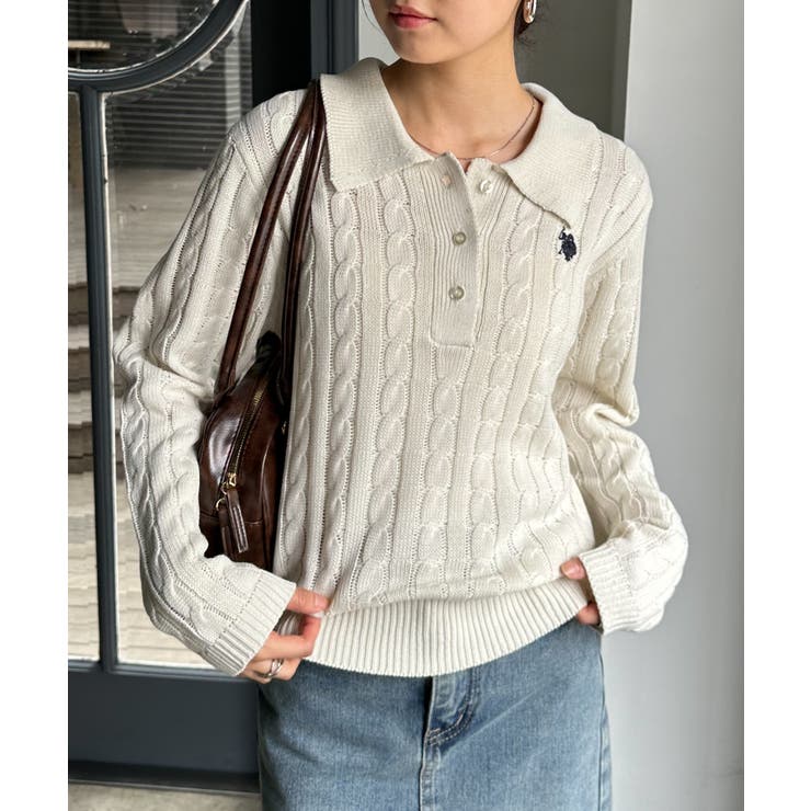 アイボリー | ＜Ｕ．Ｓ．Ｐ＞刺繍長袖ケーブルポロニット | RANAN