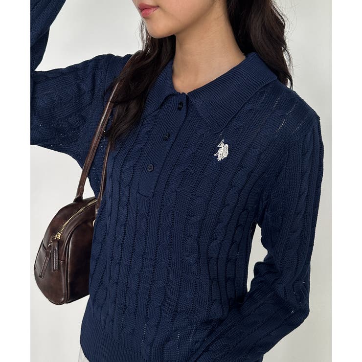 ネイビー | ＜Ｕ．Ｓ．Ｐ＞刺繍長袖ケーブルポロニット | RANAN