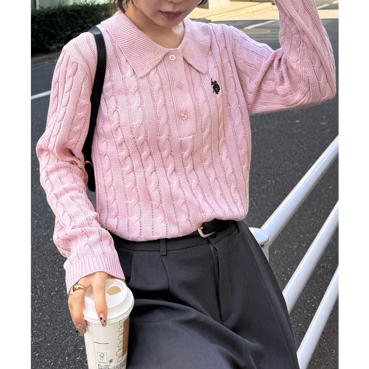 ピンク | ＜Ｕ．Ｓ．Ｐ＞刺繍長袖ケーブルポロニット | RANAN