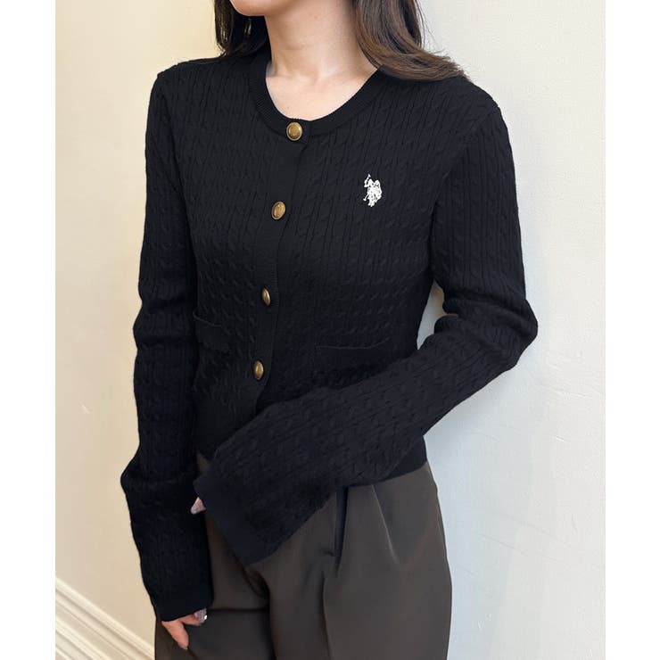 U.S.POLO ASSN.＞ゴールドボタン刺繍ケーブルニットカーディガン[品番