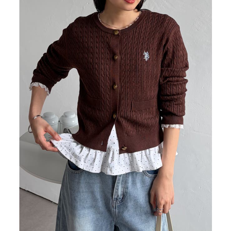 U.S.POLO ASSN.＞ゴールドボタン刺繍ケーブルニットカーディガン[品番