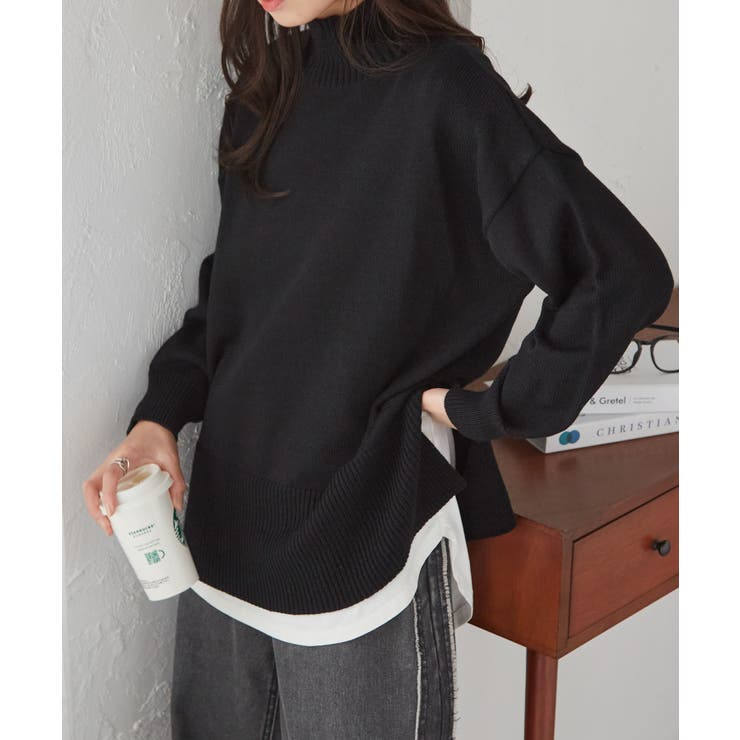 ブラック | ハイネックワイドリブ使いカラーニットチュニック | RANAN