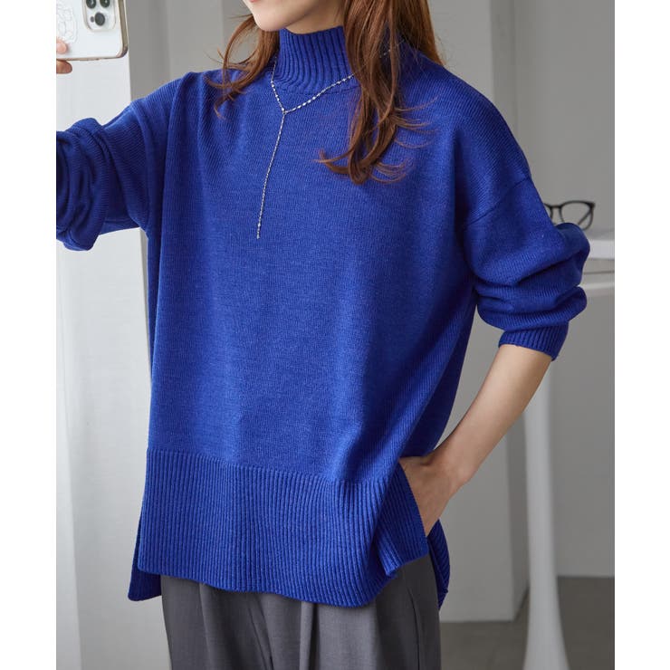 ブルー | ハイネックワイドリブ使いカラーニットチュニック | RANAN