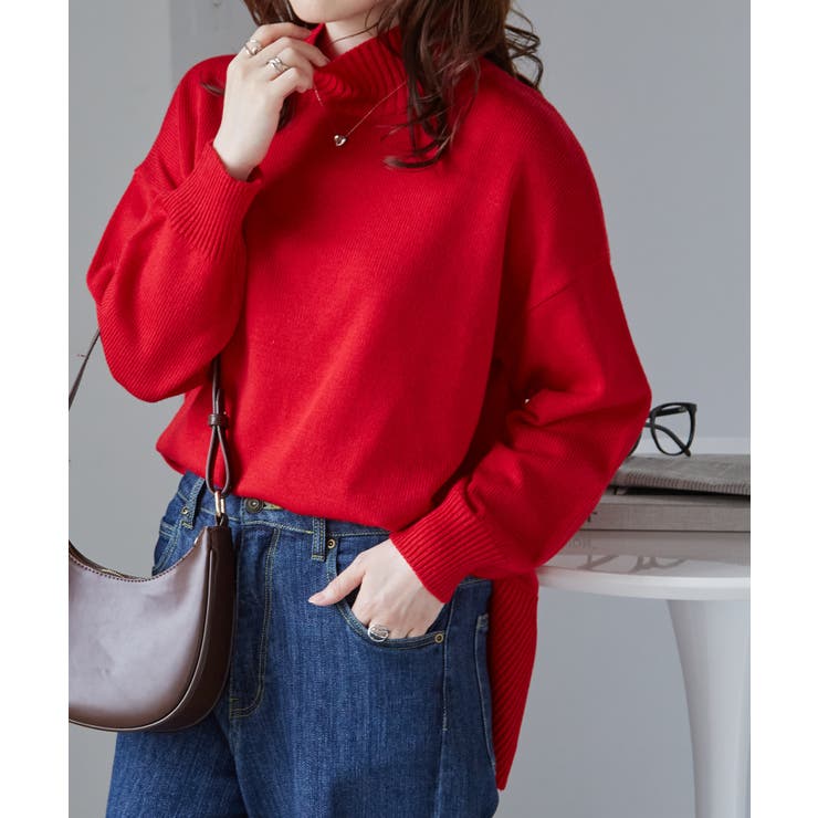 レッド | ハイネックワイドリブ使いカラーニットチュニック | RANAN