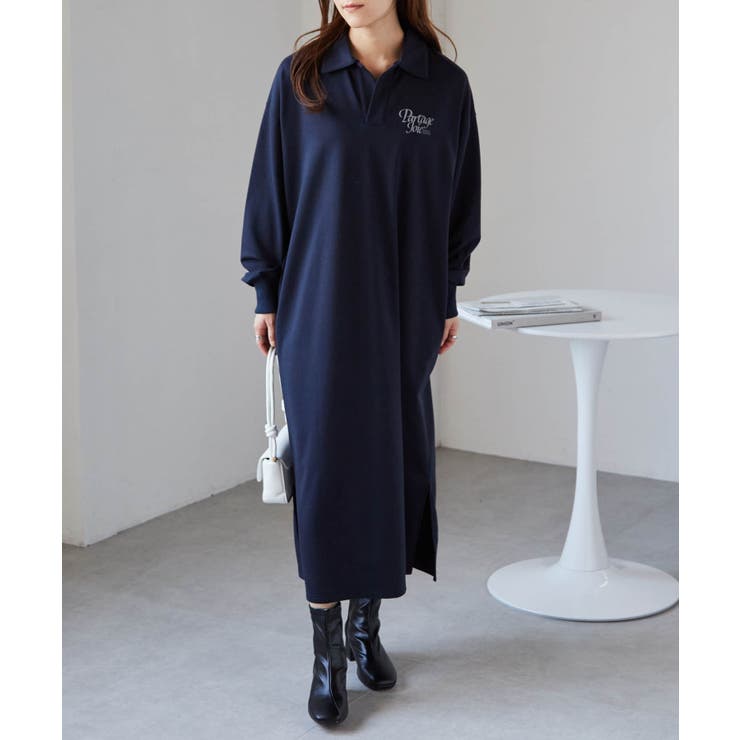 ネイビー | バックプリントポロ襟裏毛ワンピース | RANAN