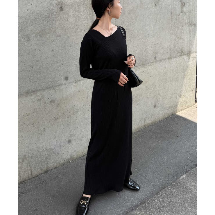 ブラック | アシメネックリブワンピース | RANAN