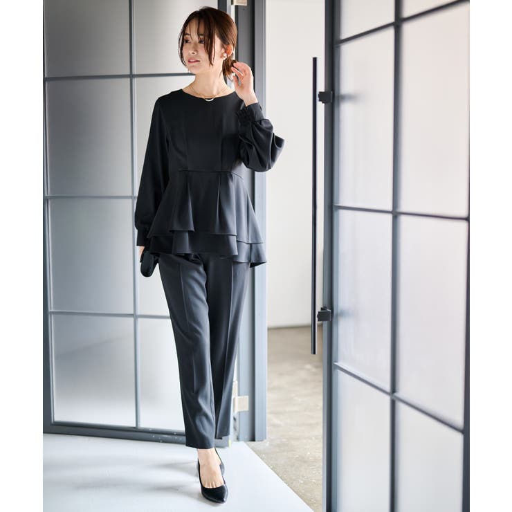 ブラック | 【2点セット】バックパール調ペプラムチュニックセットアップ | RANAN