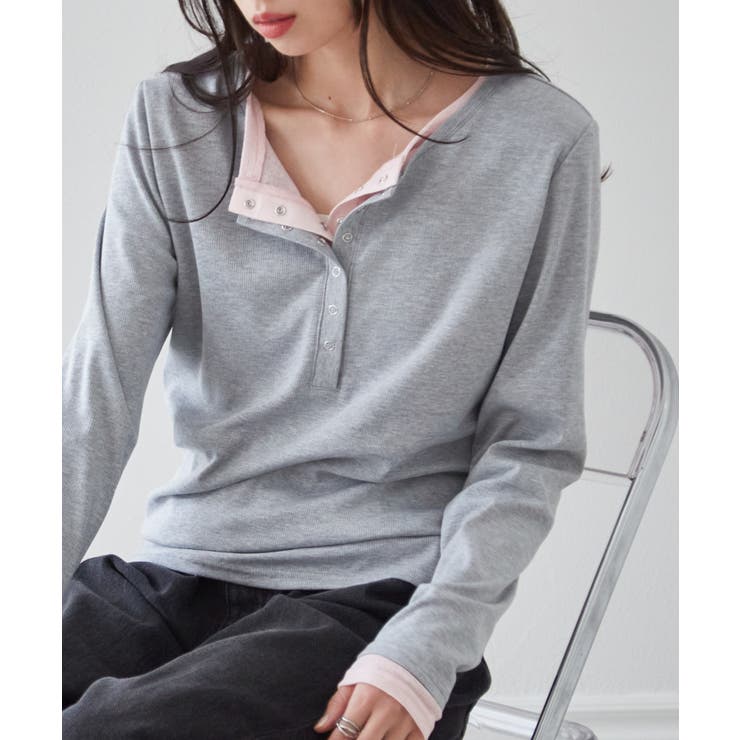 グレーケイ | レイヤードヘンリーネックリブＴシャツ | RANAN