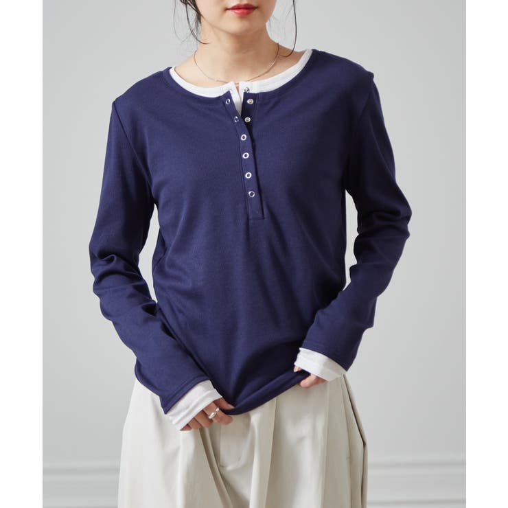 ネイビーケイ | レイヤードヘンリーネックリブＴシャツ | RANAN