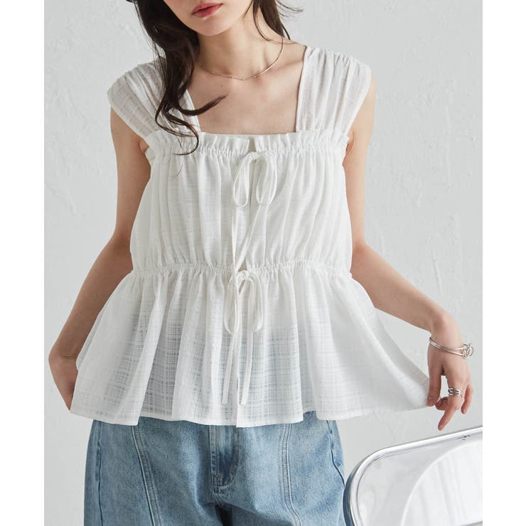 オフホワイト | フロントリボンギャザーノースリブラウス | RANAN