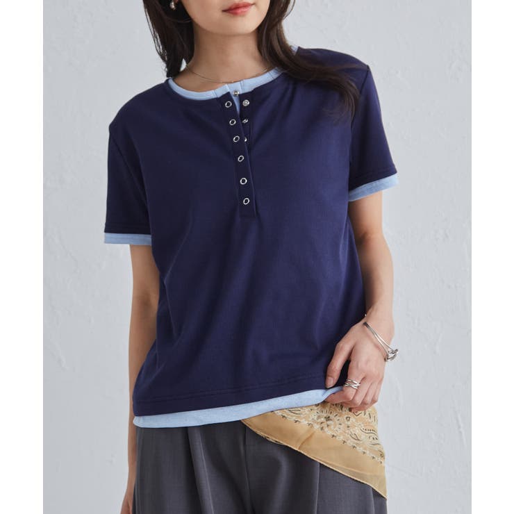 ネイビーケイ | レイヤードヘンリーネックTシャツ | RANAN