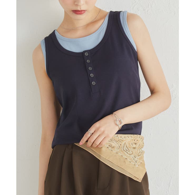 ネイビーケイ | カップ付きレイヤードヘンリーネックタンクトップ | RANAN