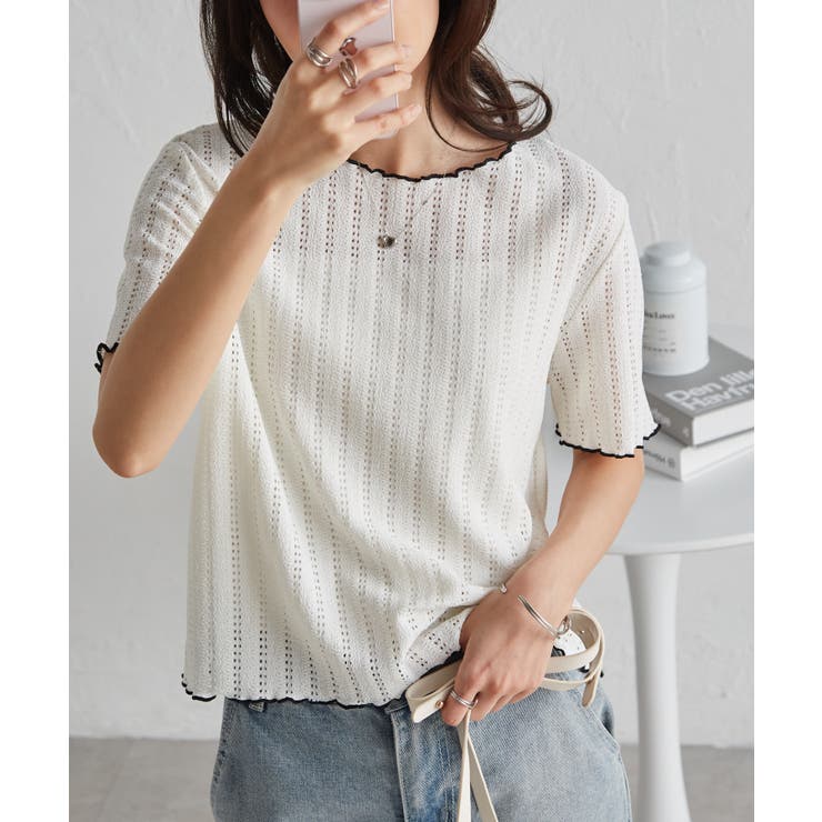 透かし柄メロー配色Tシャツ | RANAN | 詳細画像6 