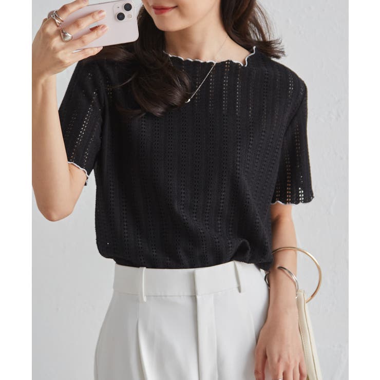 ブラック | 透かし柄メロー配色Tシャツ | RANAN