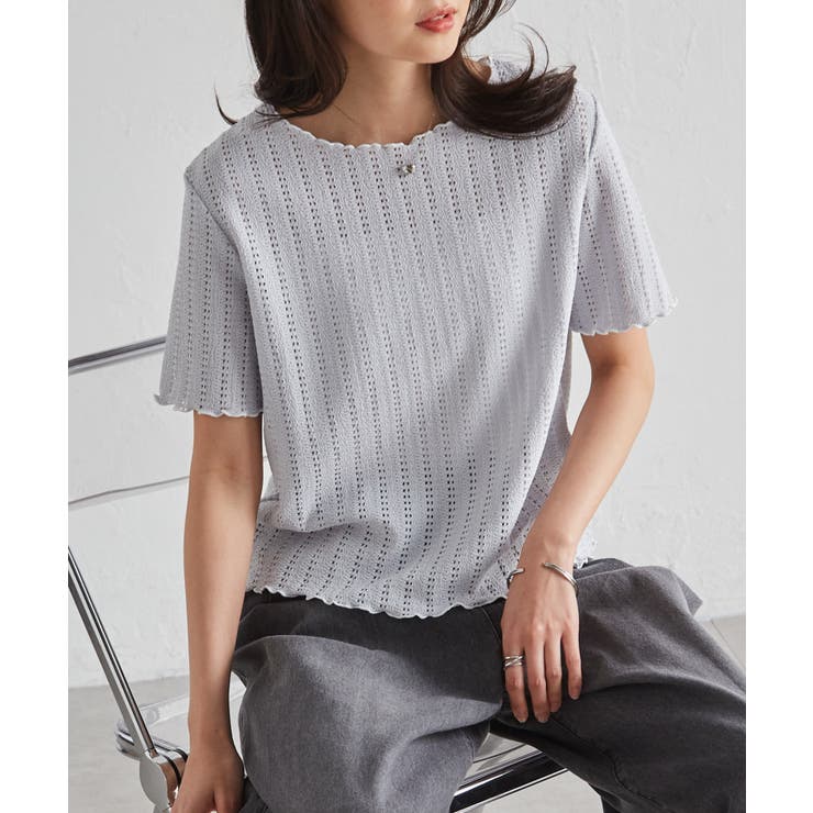 ブルーグレー | 透かし柄メロー配色Tシャツ | RANAN