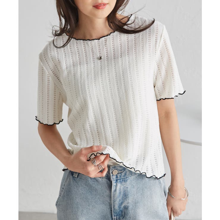 アイボリー | 透かし柄メロー配色Tシャツ | RANAN