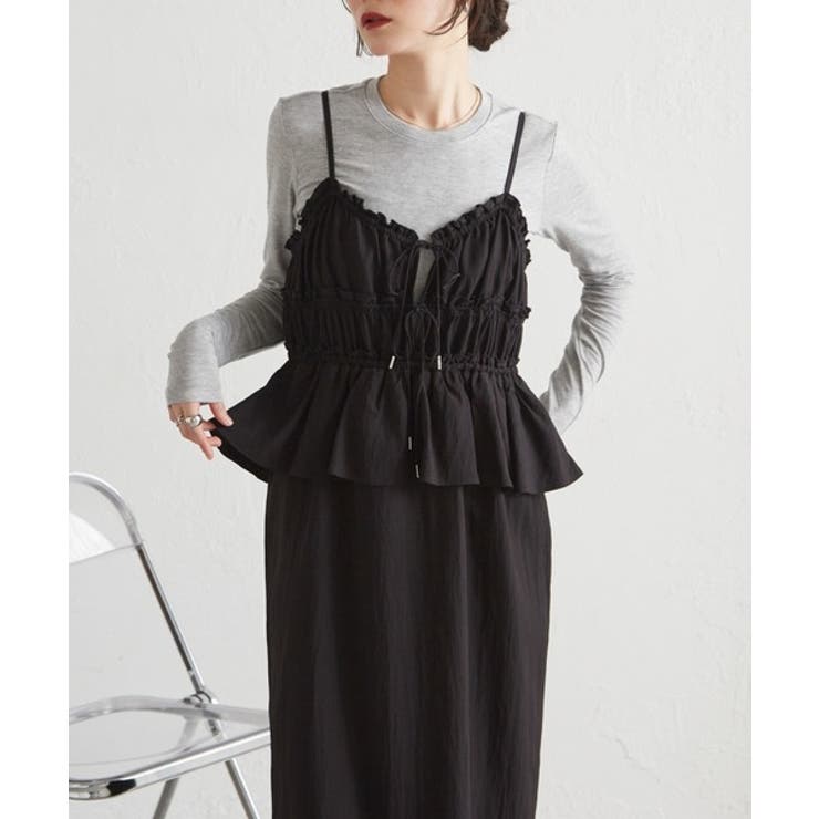 ブラック | リボンギャザーペプラムナローワンピース | RANAN