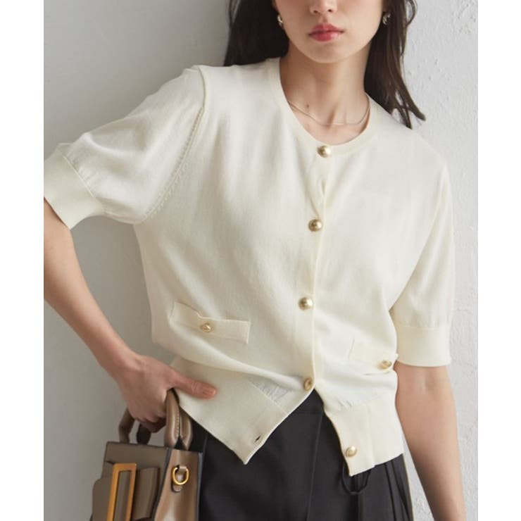 ゴールド調ボタン5分袖ニットカーディガン | RANAN | 詳細画像1 