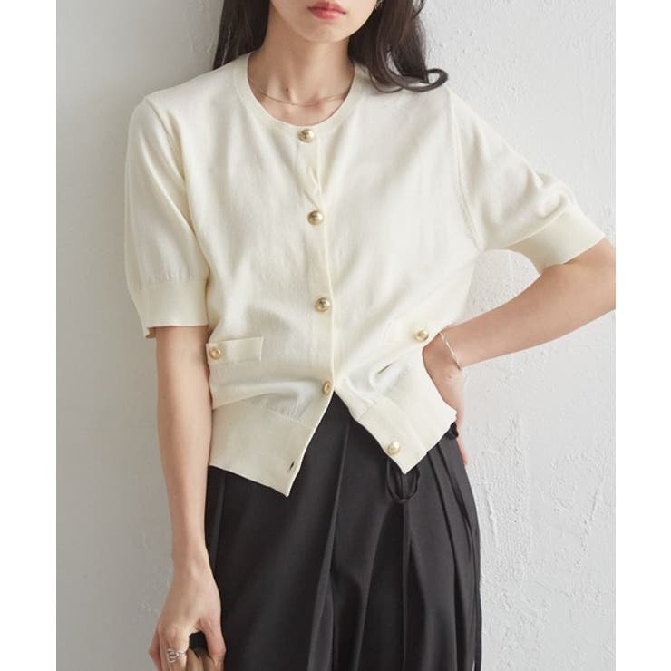 ゴールド調ボタン5分袖ニットカーディガン | RANAN | 詳細画像2 