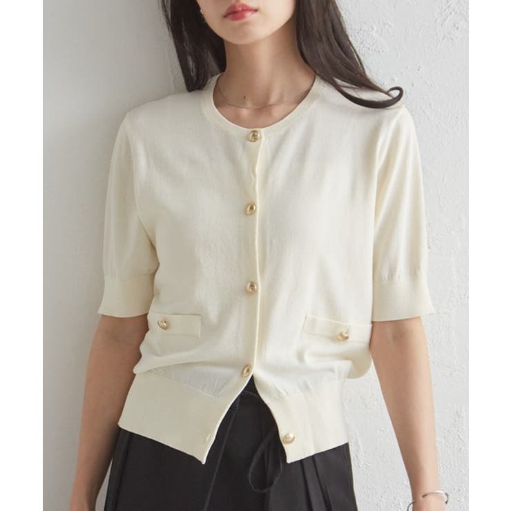 ゴールド調ボタン5分袖ニットカーディガン | RANAN | 詳細画像3 