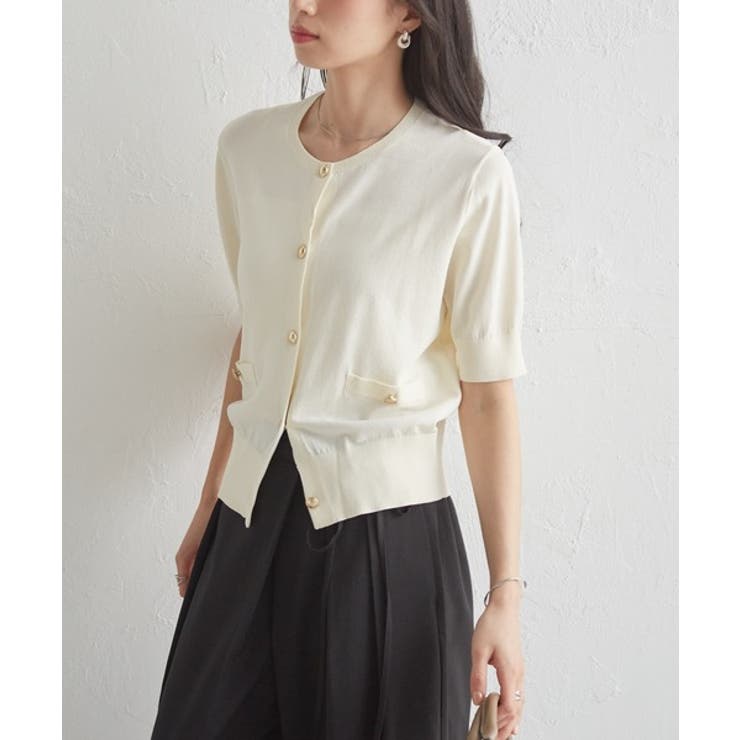 ゴールド調ボタン5分袖ニットカーディガン | RANAN | 詳細画像4 