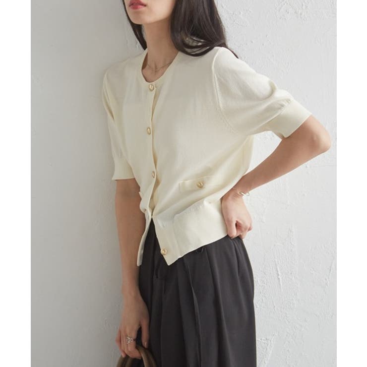 ゴールド調ボタン5分袖ニットカーディガン | RANAN | 詳細画像6 