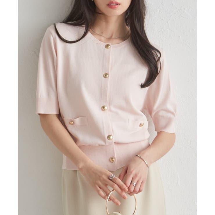 ピンク | ゴールド調ボタン5分袖ニットカーディガン | RANAN