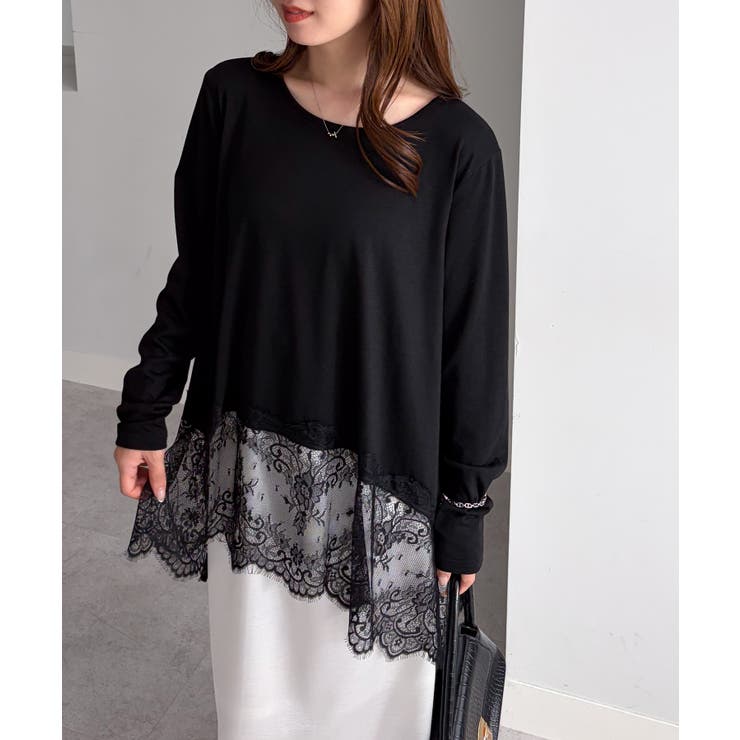 ブラック | イレヘムレースドッキングロングTシャツ | RANAN
