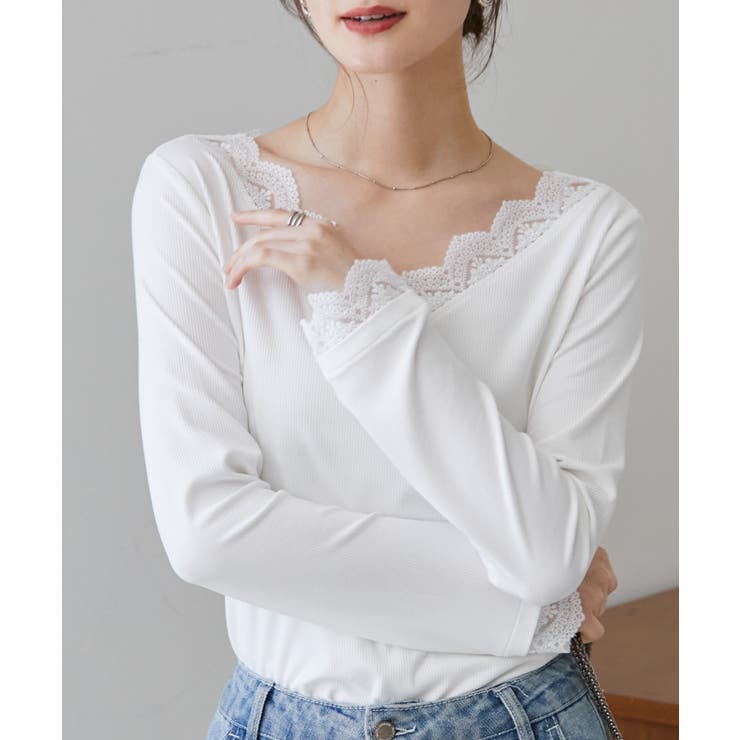ホワイト | チュールレースVネックリブロングTシャツ | RANAN