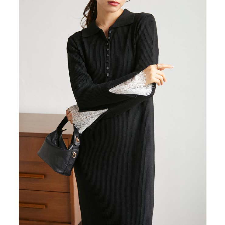 【SP～LLサイズ展開】レースカフスヘンリーリブニットワンピ | RANAN | 詳細画像13 