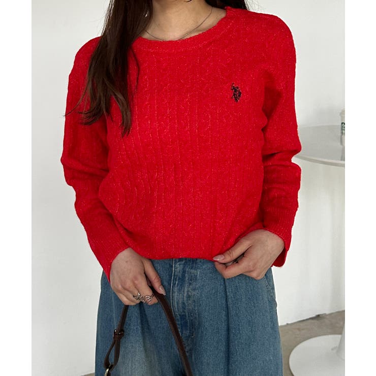 レッド | ＜ＵＳＰ＞ワンポイントケーブルニット | RANAN