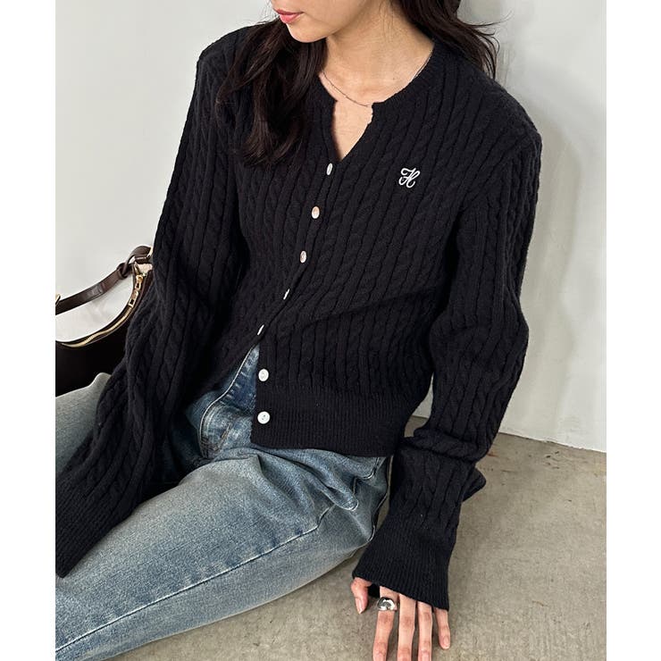 ブラック | ＜solleim＞キーネックケーブルニットカーディガン | RANAN