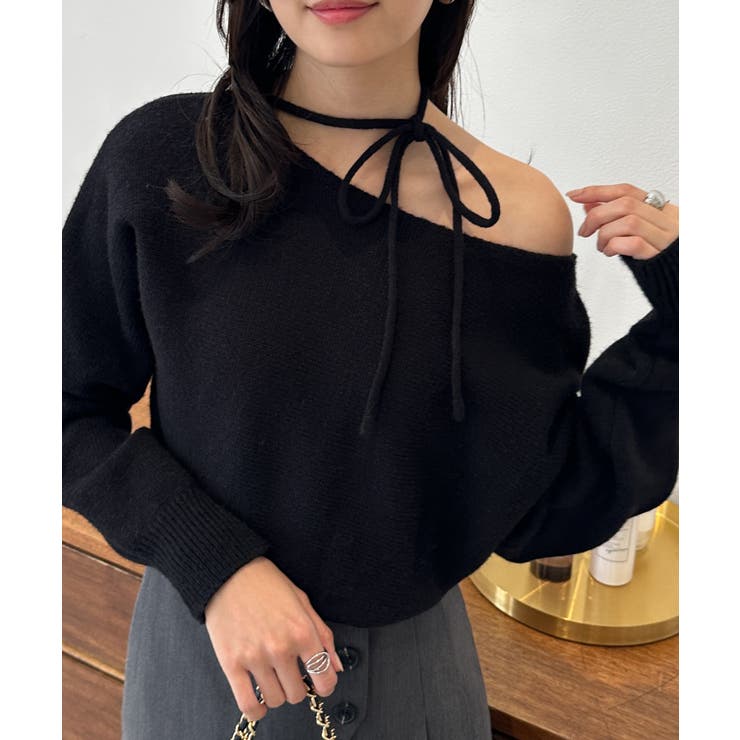 ブラック2 | ストラップリボンオフショルニット | RANAN