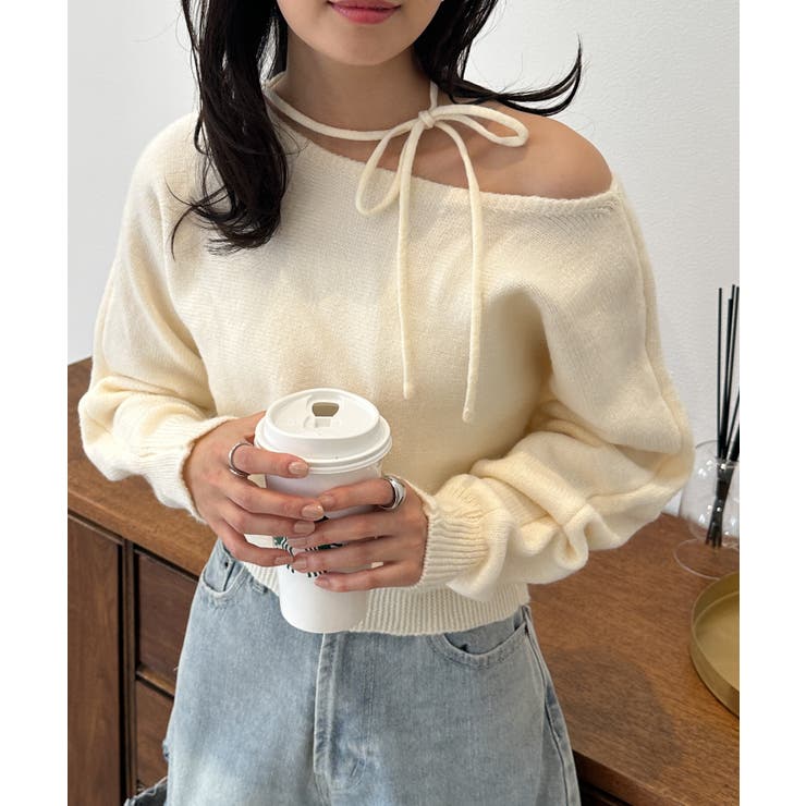 オフホワイト2 | ストラップリボンオフショルニット | RANAN