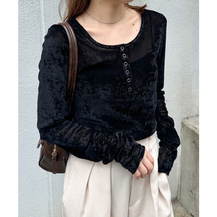 ブラック | シアーベロアヘンリーネックトップス | RANAN