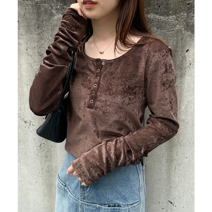 ブラウン | シアーベロアヘンリーネックトップス | RANAN