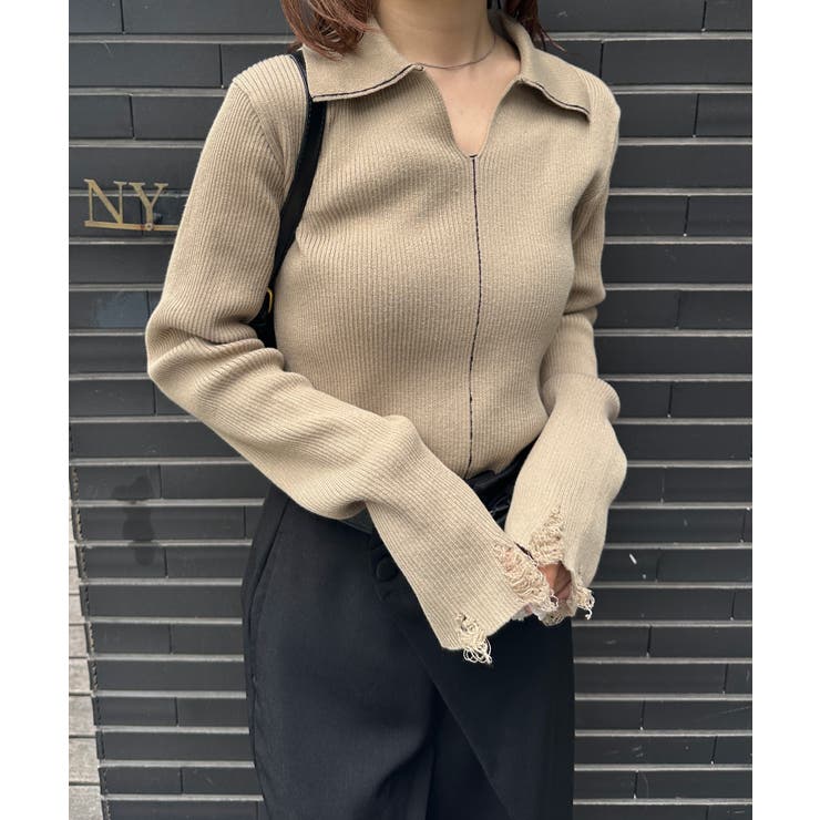 ベージュ | ＜solleim＞襟付きラインリブニット | RANAN