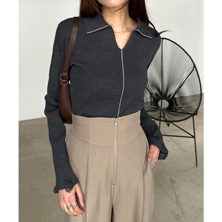 チャコール | ＜solleim＞襟付きラインリブニット | RANAN