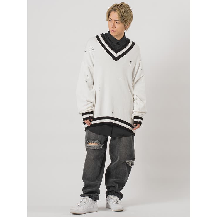グランジ加工Vネックビッグシルエットニット[品番：LEVM0001295