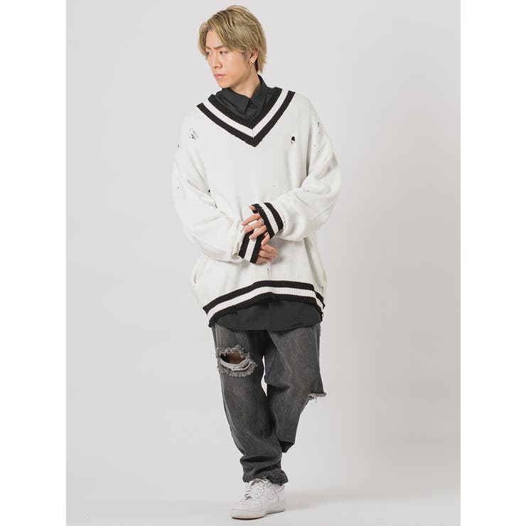 dior homme 09ss グランジ加工 Ｖネックニット　セーター エディ期 グランジ加工Vネックビッグシルエットニット[品番：LEVM0001295