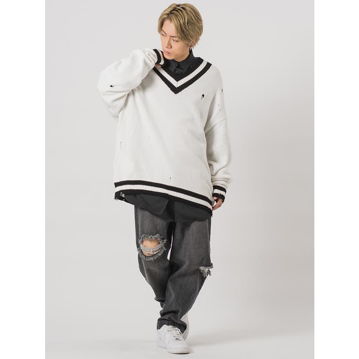 グランジ加工Vネックビッグシルエットニット[品番：LEVM0001295
