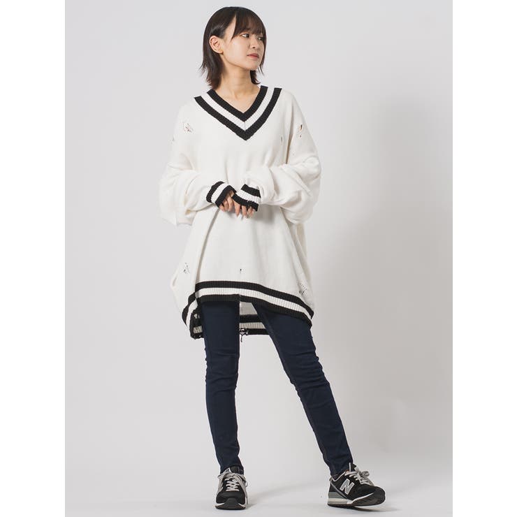 グランジ加工Vネックビッグシルエットニット[品番：LEVM0001295