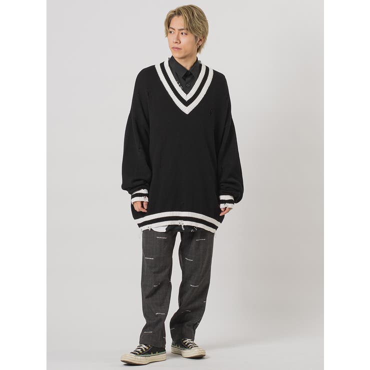 グランジ加工Vネックビッグシルエットニット[品番：LEVM0001295