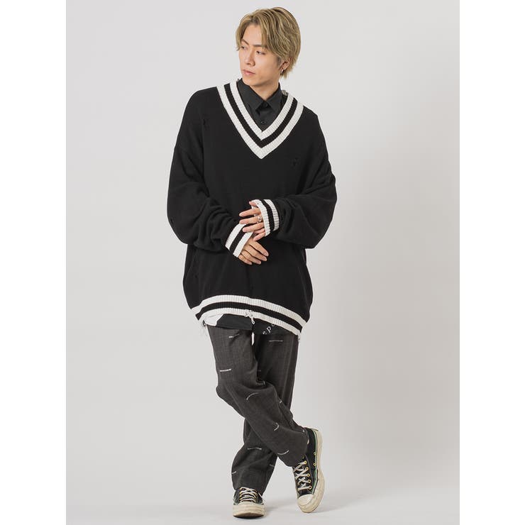 最安挑戦！ グランジ加工Vネックビッグシルエットニット[品番：LEVM0001295 トップス