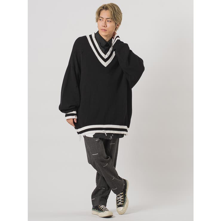 グランジ加工Vネックビッグシルエットニット[品番：LEVM0001295 