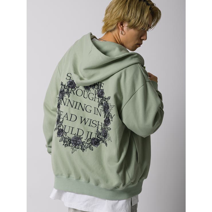 CVCポンチ薔薇刺繍ビッグシルエットジップパーカー[品番：LEVM0001272  