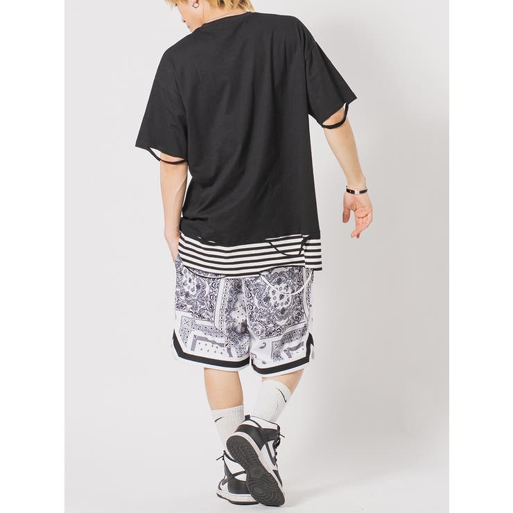 ボーダー レイヤード 半袖 Tシャツ ストリート系 ビッグ