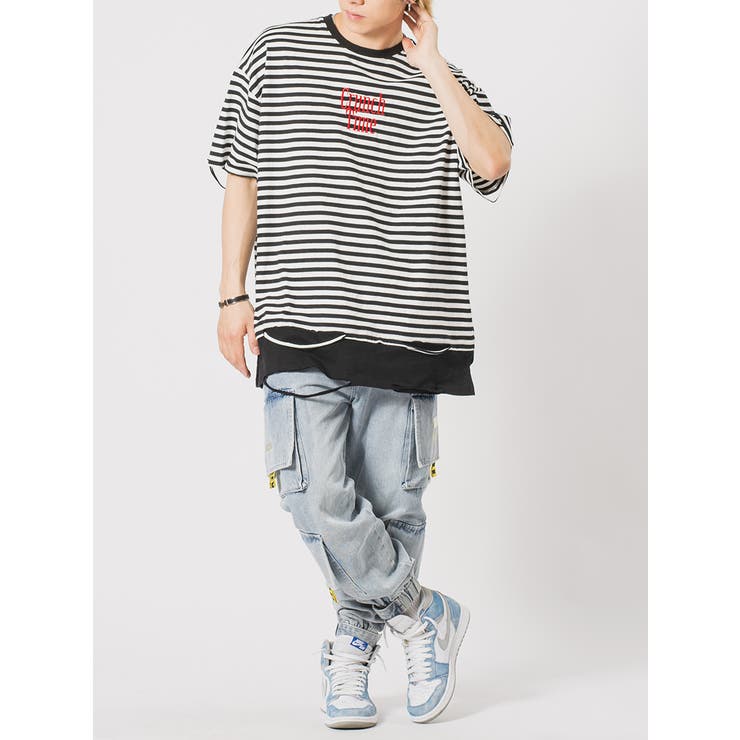 ボーダー レイヤード 半袖 Tシャツ ストリート系 ビッグ