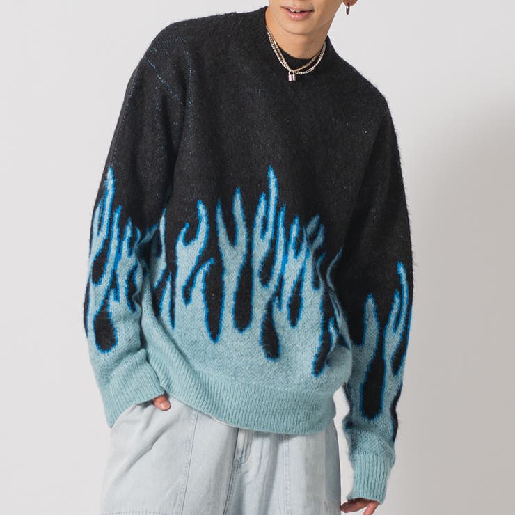 4BLUEファイア柄 | ニット セーター クルーネック メンズ ストリート | REGIEVO