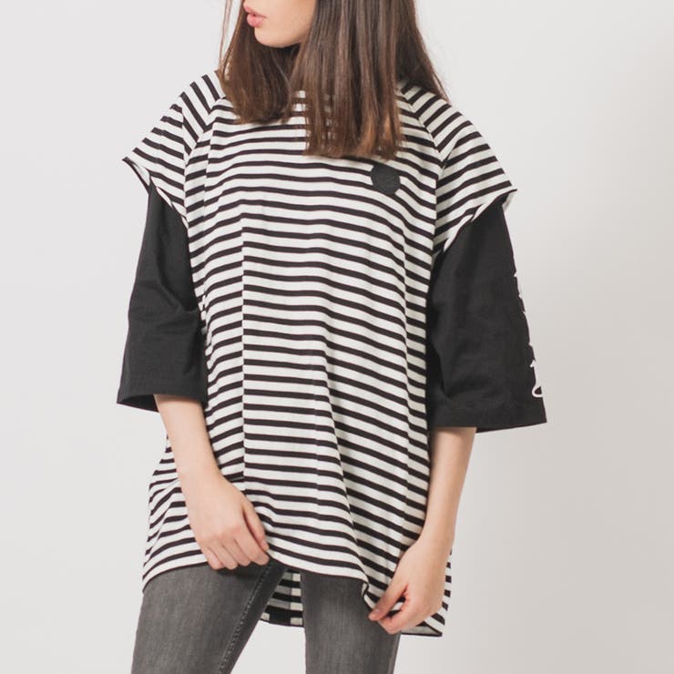 ボーダー | フェイクレイヤード 半袖 Tシャツ ストリート系 ビッグシルエット | REGIEVO